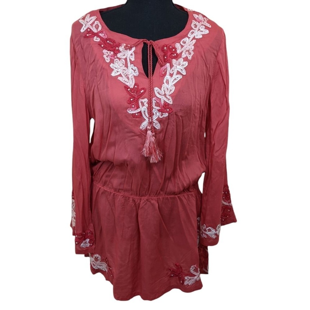 Soft Surroundings Floral Crush Coral Tunic Embroidered Beaded Blouse Small